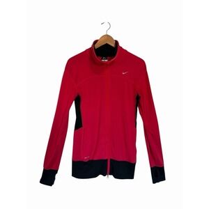 Nike Dri Fit Women Small Red Black Full Zip Athletic Jacket Thumbholes